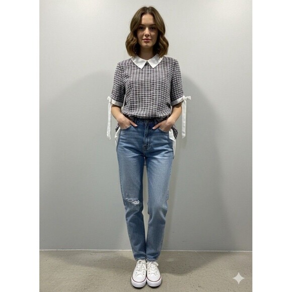 Misia L Tweed Blouse Layered Look Top White Collar Contrast Hem Short Sleeve - Picture 1 of 5